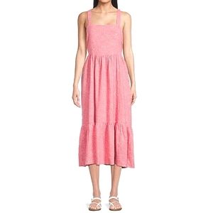 Women XXL Slimming NWT Printed Pink Linen Sundress Straps Flowy Midi Pockets